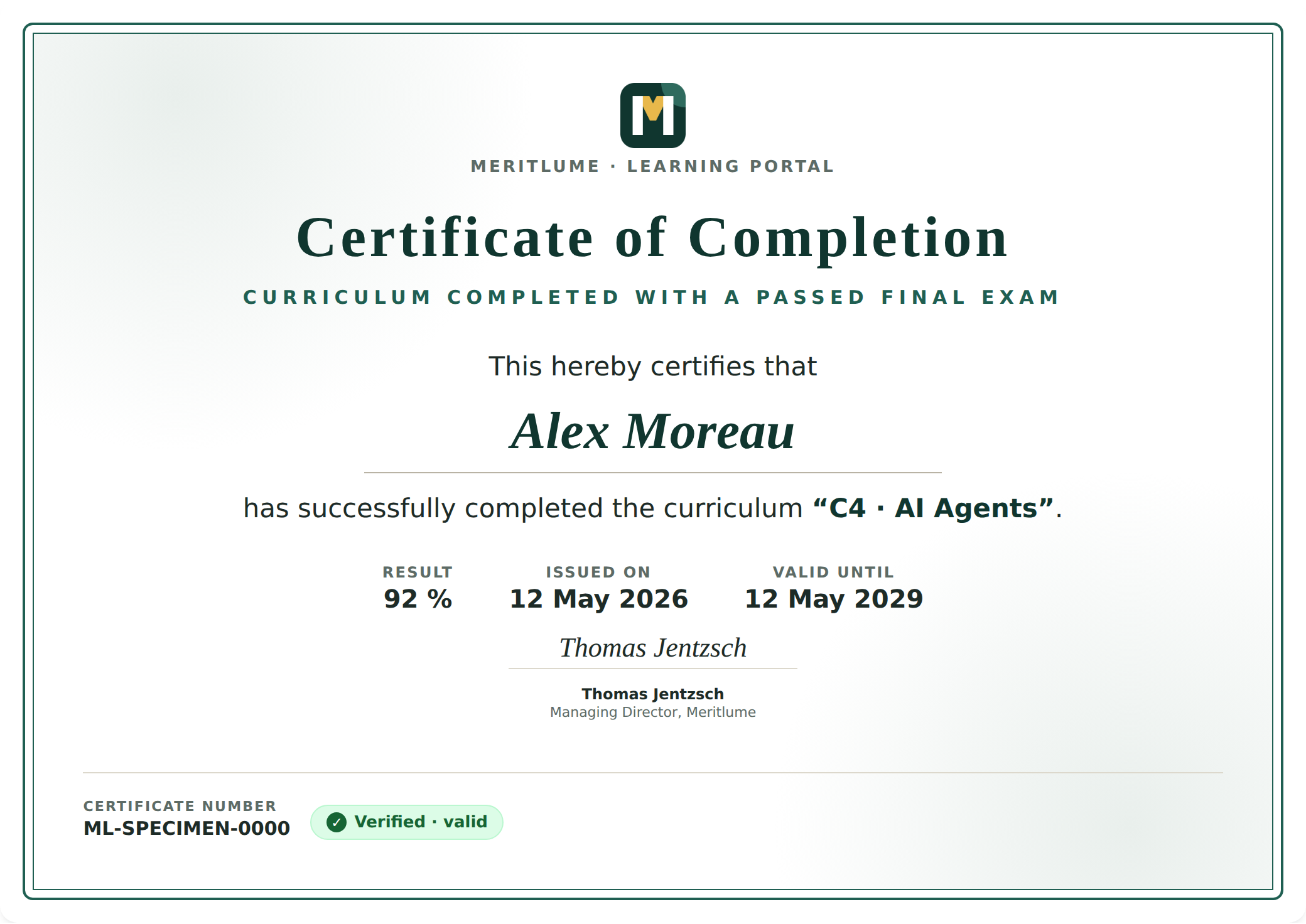 Example of a Meritlume certificate with certificate number and verification badge